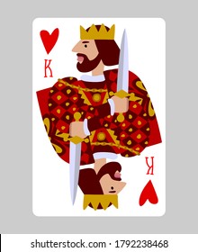 King of Hearts playing card in funny flat modern style. Faces double sized. Original design. Vector illustration