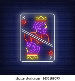 King of hearts playing card neon sign. Gambling, poker, casino, game design. Night bright neon sign, colorful billboard, light banner. Vector illustration in neon style.