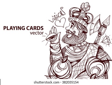 King of hearts playing card suit. Outline drawing.