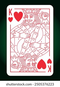 King Hearts suit playing card, vintage classic design, isolated on white, editable vector stroke line.