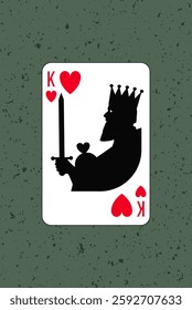 King, Hearts suit. Poker gambling playing printable card. Vector illustration. Cartoon character silhouette. A man with a beard, a crown and a sword. Design number 2.