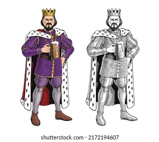 King holding a mug of beer and barrel isolated on a white background. Color and black and white monochrome versions. Good for label, sign, poster or menu design. Vector illustration.