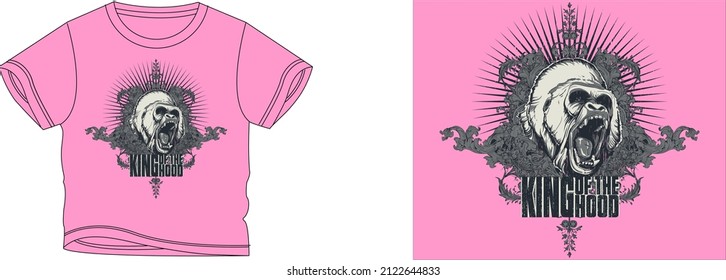 king of the hood t-shirt design background color is a pink and t-shirt color is a pink beautiful color and beautiful design