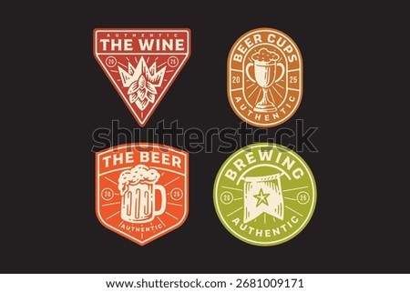 king of hops cone, beer cup trophy, ale mug, brewing flag banner retro badge logo design set for for brewery factory industrial, pub, bar, cafes, beverage, restaurant. Vector Illustration