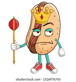 King of hot dog cartoon character holding the king stick with funny thinking expression
