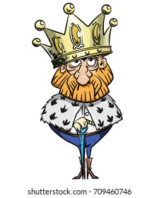 King with huge crown hand drawn image. Original colorful artwork, comic childish style drawing.