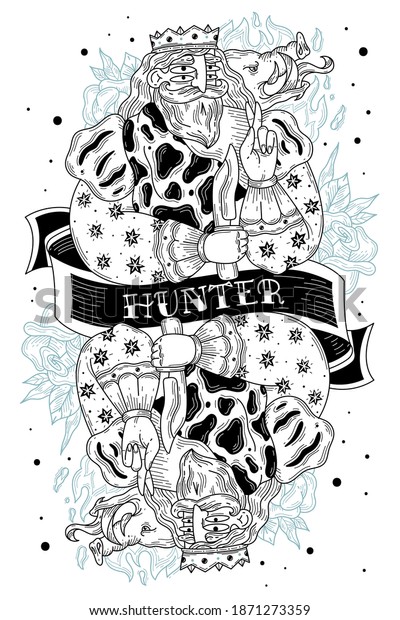 King hunter. Man with crown and hunting knife,\
symmetrical image with dividing tape, engraving style, old school\
hipster tattoo. Vector