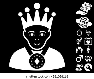 King icon with bonus decorative images. Vector illustration style is flat iconic white symbols on black background.