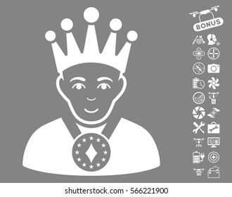King icon with bonus flying drone tools pictures. Vector illustration style is flat iconic white symbols on gray background.