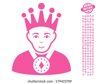 King icon with bonus human design elements. Vector illustration style is flat iconic pink symbols on white background.
