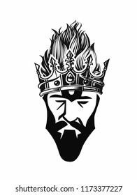 King icon with crown, beard and moustache, hand drawn sketch, vector illustration
