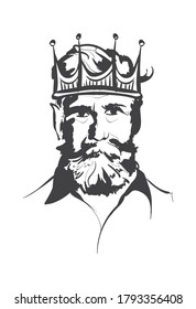 King icon with crown, beard and moustache on white background, hand draen sketch, vector illustration