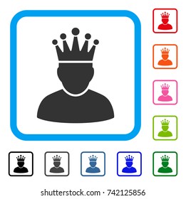 King icon. Flat grey iconic symbol inside a light blue rounded rectangle. Black, gray, green, blue, red, orange color additional versions of King vector. Designed for web and app interfaces.