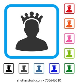 King icon. Flat grey pictogram symbol inside a light blue rounded rectangle. Black, gray, green, blue, red, orange color additional versions of King vector.