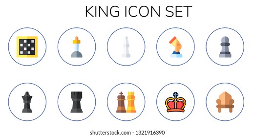 king icon set. 10 flat king icons.  Simple modern icons about  - chess board, queen, excalibur, rook, bishop, chess, pharaoh, crown, pawn, throne