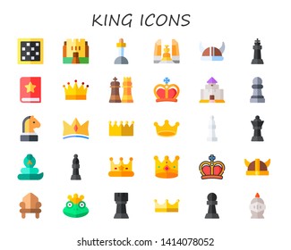 King Icon Set. 30 Flat King Icons.  Simple Modern Icons About  - Chess Board, Medieval, Excalibur, Democracy Monument, Viking Helmet, Tale, Crown, Chess, Pawn, Bishop, Queen, Cobra