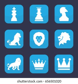 King icon. set of 9 filled king icons such as lion, crown, crown, chess king