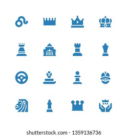 king icon set. Collection of 16 filled king icons included Crown, King, Lion, Knight, Pawn, Cobra, Racing game, Queen, Chess, Shrine remembrance, Rook, Leo