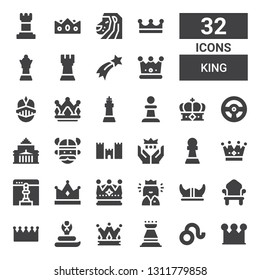 king icon set. Collection of 32 filled king icons included Crown, Leo, Rook, Cobra, Throne, Viking helmet, Queen, Chess, Pawn, Medieval walls, Viking, Shrine remembrance, Racing game