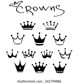 King icon set. Vector illustration. Set crowns. Different crown. Black and white icons. svg
