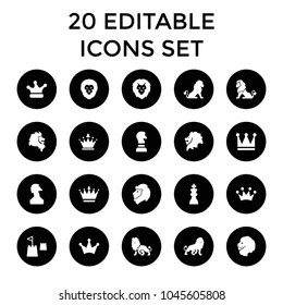 King icons. set of 20 editable filled king icons such as lion, crown, crown, chess horse. best quality king elements in trendy style.