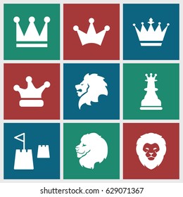 King icons set. set of 9 king filled icons such as lion, crown, Crown, chess king