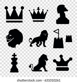 King icons set. set of 9 king filled icons such as lion, crown, crown, chess king, castle tower