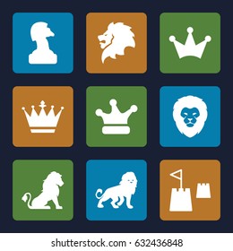 King icons set. set of 9 king filled icons such as lion, crown, crown, castle tower