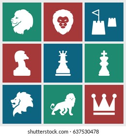 King icons set. set of 9 king filled icons such as lion, crown, chess king, castle tower