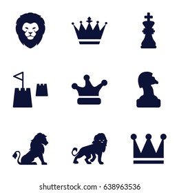 King icons set. set of 9 king filled icons such as lion, crown, crown, chess king, castle tower