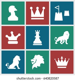 King icons set. set of 9 king filled icons such as lion, crown, crown, chess king, castle tower