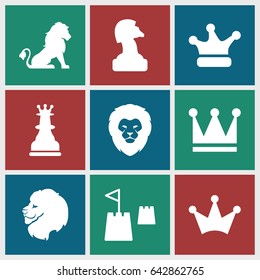 King icons set. set of 9 king filled icons such as lion, crown, crown, chess king, castle tower