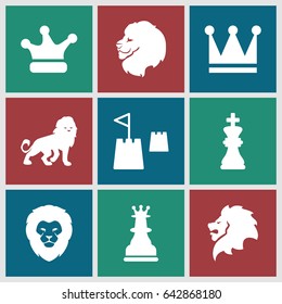 King icons set. set of 9 king filled icons such as lion, crown, crown, chess king