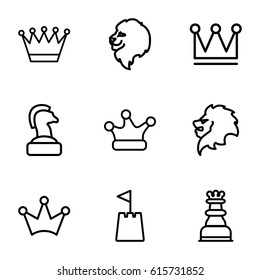 King icons set. set of 9 king outline icons such as lion, crown, Crown, chess king, castle tower