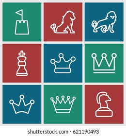 King icons set. set of 9 king outline icons such as lion, crown, Crown, castle tower, chess king