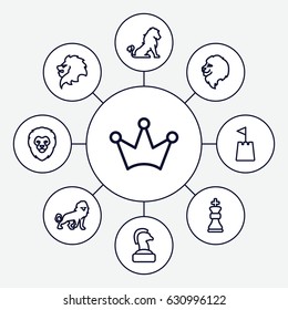 King icons set. set of 9 king outline icons such as lion, crown, castle tower, chess king