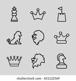 King icons set. set of 9 king outline icons such as lion, crown, crown, castle tower, chess king