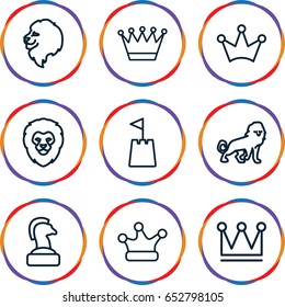 King icons set. set of 9 king outline icons such as lion, crown, crown, castle tower