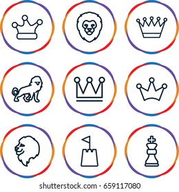 King icons set. set of 9 king outline icons such as lion, crown, crown, castle tower