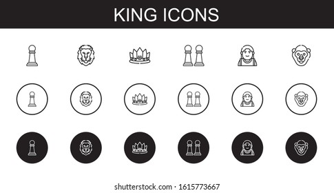 king icons set. Collection of king with pawn, lion, crown, alexander the great, gorilla. Editable and scalable king icons.