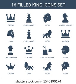 king icons. Trendy 16 king icons. Contain icons such as Crown, chess king, lion, chess horse, crown, castle tower. icon for web and mobile.