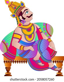 King is drawn in Indian folk art style, Kalamkari. can be used for a coloring book, textile fabric prints, phone case, greeting card. logo, calendar.
