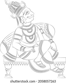 King is drawn in Indian folk art style, Kalamkari. can be used for a coloring book, textile fabric prints, phone case, greeting card. logo, calendar.