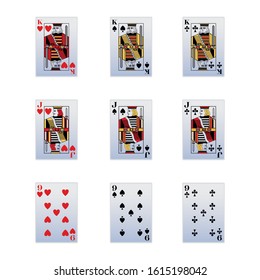 King, jack and nine of hearts, spades and club gambling cards icon set over white background, vector illustration