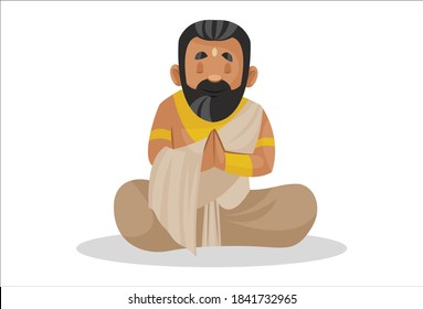 King Janaka is sitting with greet hands and doing meditation. Vector cartoon illustration. Isolated on a white background.
