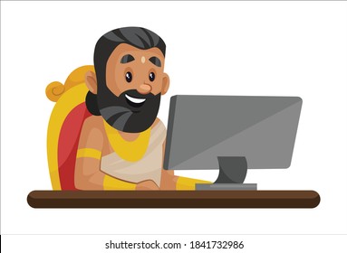 King Janaka is sitting on a throne and working on a computer. Vector cartoon illustration. Isolated on a white background.