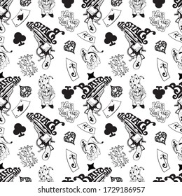 king joker and Queen of the clown with isolate pattern of objects seamless background color black and white tone