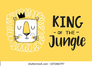 King Of The Jungle. Cute Lion In A Crown. Textile Graphic Print Illustration Design For Baby, Child.