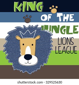 king of the jungle, lion cartoon on striped background, T-shirt design vector illustration