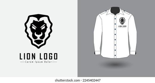 King of the jungle lion head logo design. The lion animal symbol is elegant and simple. Tribal Tattoo Design with white shirt template suitable for luxury brand identity and logo type.